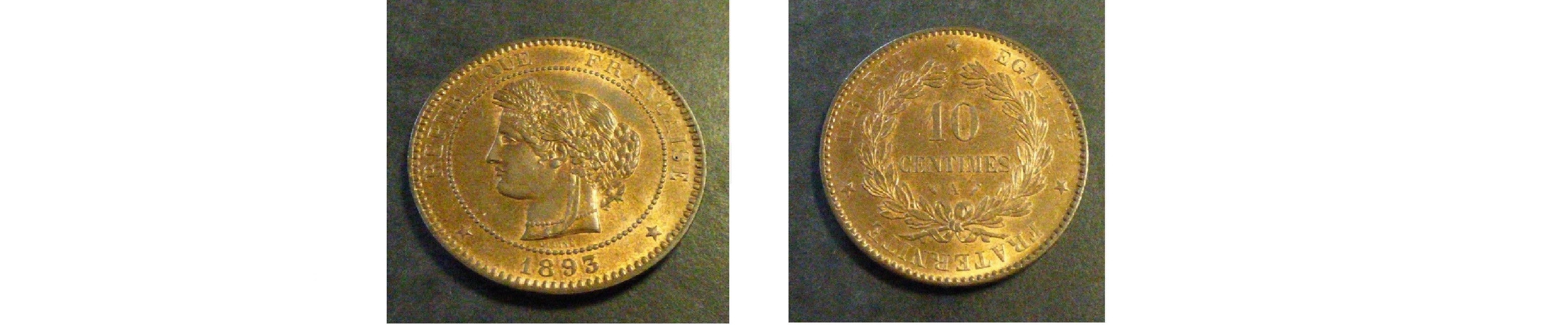 FRANCE 10 CENTS 1893 BRONZE 10G (SUP+/XF+/VZ+)
